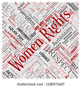 Vector conceptual women rights, equality, free-will square red word cloud isolated background. Collage of feminism, empowerment,  opportunities, awareness, courage, education, respect concept