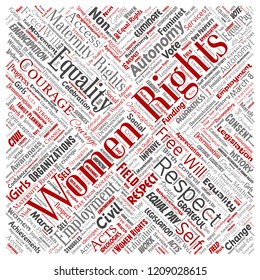 Vector conceptual women rights, equality, free-will square red word cloud isolated background. Collage of feminism, empowerment,  opportunities, awareness, courage, education, respect concept