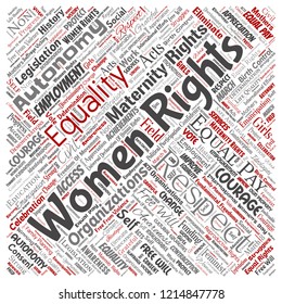 Vector conceptual women rights, equality, free-will square red word cloud isolated background. Collage of feminism empowerment, integrity, opportunities, awareness, courage, education, respect concept