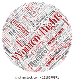 Vector conceptual women rights, equality, free-will round circle red word cloud isolated background. Collage of feminism, empowerment,  opportunities, awareness, courage, education, respect concept