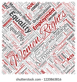 Vector conceptual women rights, equality, free-will square red word cloud isolated background. Collage of feminism, empowerment,  opportunities, awareness, courage, education, respect concept