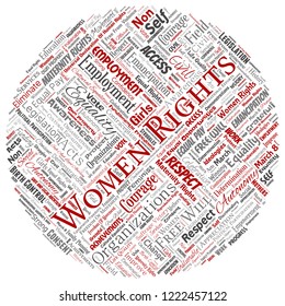 Vector conceptual women rights, equality, free-will round circle red word cloud isolated background. Collage of feminism, empowerment, integrity, awareness, courage, education or respect concept