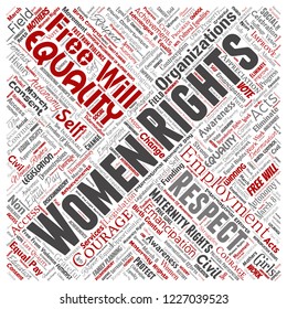 Vector conceptual women rights, equality, free-will square red word cloud isolated background. Collage of feminism, empowerment,  opportunities, awareness, courage, education, respect concept