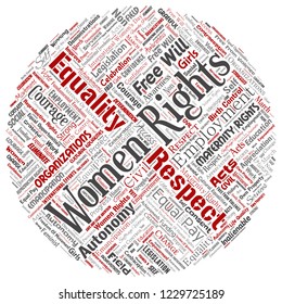 Vector conceptual women rights, equality, free-will round circle red word cloud isolated background. Collage of feminism, empowerment, integrity, awareness, courage, education or respect concept