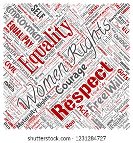 Vector conceptual women rights, equality, free-will square red word cloud isolated background. Collage of feminism, empowerment,  opportunities, awareness, courage, education, respect concept