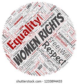 Vector conceptual women rights, equality, free-will round circle red word cloud isolated background. Collage of feminism, empowerment,  opportunities, awareness, courage, education, respect concept