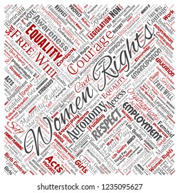 Vector conceptual women rights, equality, free-will square red word cloud isolated background. Collage of feminism, empowerment,  opportunities, awareness, courage, education, respect concept