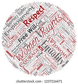 Vector conceptual women rights, equality, free-will round circle red word cloud isolated background. Collage of feminism, empowerment,  opportunities, awareness, courage, education, respect concept