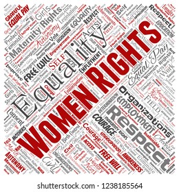 Vector conceptual women rights, equality, free-will square red word cloud isolated background. Collage of feminism, empowerment, opportunities, awareness, courage, education, respect concept