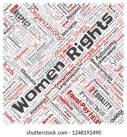 Vector conceptual women rights, equality, free-will square red word cloud isolated background. Collage of feminism, empowerment, opportunities, awareness, courage, education, respect concept