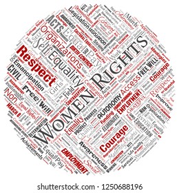 Vector conceptual women rights, equality, free-will round circle red word cloud isolated background. Collage of feminism, empowerment,  opportunities, awareness, courage, education, respect concept