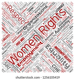 Vector conceptual women rights, equality, free-will square red word cloud isolated background. Collage of feminism, empowerment, opportunities, awareness, courage, education, respect concept