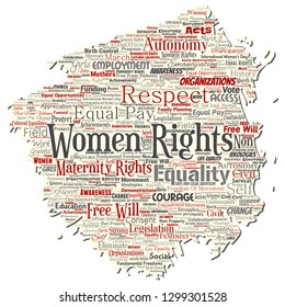 Vector conceptual women rights, equality, free-will old torn paper word cloud isolated background. Collage of feminism, empowerment,  opportunities, awareness, courage, education concept