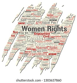 Vector conceptual women rights, equality, free-will old torn paper word cloud isolated background. Collage of feminism, empowerment, integrity, opportunities, awareness, courage, education concept