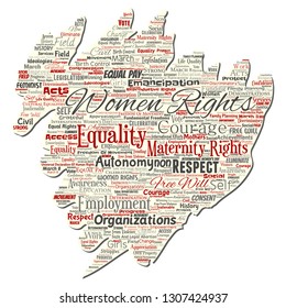 Vector conceptual women rights, equality, free-will old torn paper word cloud isolated background. Collage of feminism, empowerment, integrity, opportunities, awareness, courage, education concept