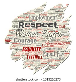 Vector conceptual women rights, equality, free-will old torn paper word cloud isolated background. Collage of feminism, empowerment, integrity, opportunities, awareness, courage, education concept