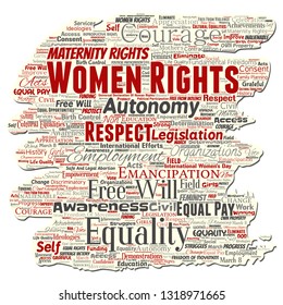 Vector conceptual women rights, equality, free-will old torn paper word cloud isolated background. Collage of feminism, empowerment, integrity, opportunities, awareness, courage, education concept