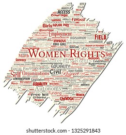 Vector conceptual women rights, equality, free-will old torn paper word cloud isolated background. Collage of feminism, empowerment, integrity, opportunities, awareness, courage, education concept