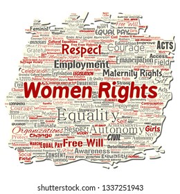 Vector conceptual women rights, equality, free-will old torn paper word cloud isolated background. Collage of feminism, empowerment, integrity, opportunities, awareness, courage, education concept