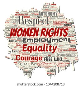 Vector conceptual women rights, equality, free-will old torn paper word cloud isolated background. Collage of feminism, empowerment, integrity, opportunities, awareness, courage, education concept