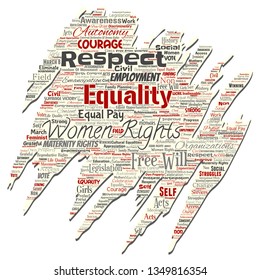 Vector conceptual women rights, equality, free-will old torn paper word cloud isolated background. Collage of feminism, empowerment, integrity, opportunities, awareness, courage, education concept