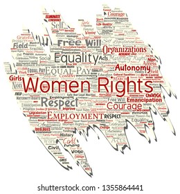 Vector conceptual women rights, equality, free-will old torn paper word cloud isolated background. Collage of feminism, empowerment, integrity, opportunities, awareness, courage, education concept