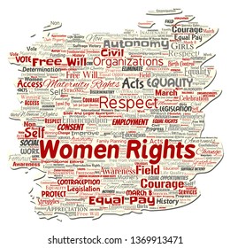 Vector conceptual women rights, equality, free-will old torn paper word cloud isolated background. Collage of feminism, empowerment, integrity, opportunities, awareness, courage, education concept