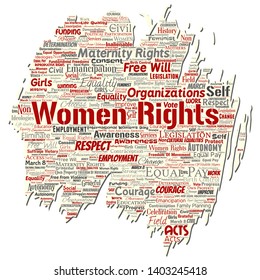 Vector conceptual women rights, equality, free-will old torn paper word cloud isolated background. Collage of feminism, empowerment, integrity, opportunities, awareness, courage, education concept