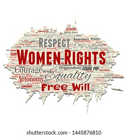 Vector conceptual women rights, equality, free-will old torn paper word cloud isolated background. Collage of feminism, empowerment, integrity, opportunities, awareness, courage, education concept