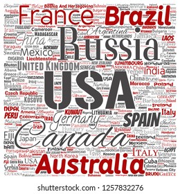 Vector conceptual world countries or continent square red global unity or vacation travel word cloud isolated background. Collage of international nation geography education or tourism concept design