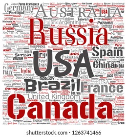 Vector conceptual world countries or continent square red global unity or vacation travel word cloud isolated background. Collage of international nation geography education or tourism concept design