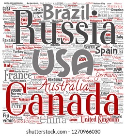 Vector de países conceptuales del mundo o continente cuadrado de la unidad global o vacaciones de viaje nube aislado fondo. Collage del diseño del concepto de la geografía nacional internacional o el diseño del turismo