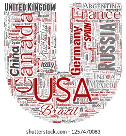 Vector conceptual world country or continent letter font red global unity, vacation travel word cloud isolated background. Collage of international nation geography education or tourism concept