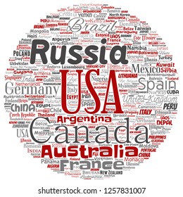 Vector mundo conceptual país o continente redondea el círculo rojo unidad global, vacaciones viajes palabra nube aislado fondo. Collage de la educación nacional internacional en geografía, diseño de conceptos de turismo