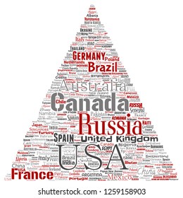 Vector conceptual world country or continent triangle arrow red global unity, vacation travel word cloud isolated background. Collage of international nation geography education or tourism concept