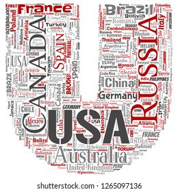 Vektor konzeptuelle Welt Land oder Kontinent Buchstaben Schriftart rote globale Einheit, Urlaubsreisen Wort Cloud isolierten Hintergrund. Collage of International Nation Geografy or Tourism Concept