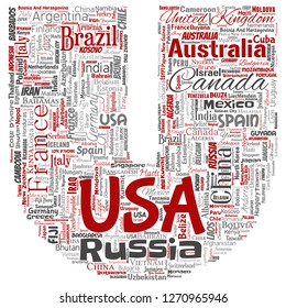 Vector conceptual world country or continent letter font red global unity, vacation travel word cloud isolated background. Collage of international nation geography education or tourism concept