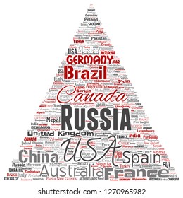 Vector conceptual world country or continent triangle arrow red global unity, vacation travel word cloud isolated background. Collage of international nation geography education or tourism concept
