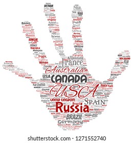 Vector conceptual world country or continent hand print stamp red global unity, vacation travel word cloud isolated background. Collage of international nation geography education or tourism concept