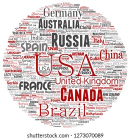 Vector conceptual world country or continent round circle red global unity, vacation travel word cloud isolated background. Collage of international nation geography education, tourism concept design