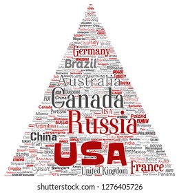 Vector conceptual world country or continent triangle arrow red global unity, vacation travel word cloud isolated background. Collage of international nation geography education or tourism concept