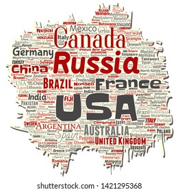 Vector conceptual world country or continent old torn paper red global unity, vacation travel word cloud isolated background. Collage of international nation geography education or tourism concept