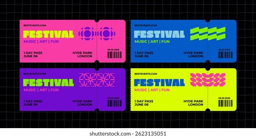 Vector Concert Event Ticket Design. Template Festival Pass Background. Party Entrance Mockup. Music Festival Ticket Layout