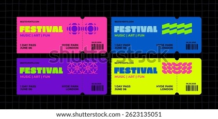 Vector Concert Event Ticket Design. Template Festival Pass Background. Party Entrance Mockup. Music Festival Ticket Layout