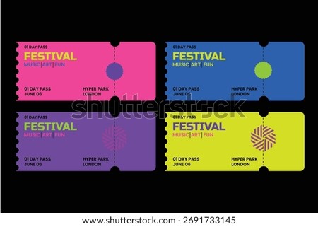 Vector Concert Event Ticket Design. Template Festival Pass Background. Party Entrance Mockup. Music Festival Ticket Layout
