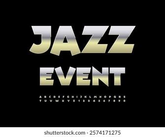 Vector concert flyer Jazz Event. Reflective Metallic Font. Chrome set of Digital Alphabet Letters and Numbers.