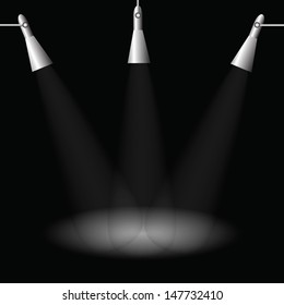Vector Concert Lighting. Stage Spotlights Background. Lantern Illuminates The Dark Background. Spotlight Pattern