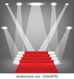 Vector Concert Lighting. Stage Spotlights Background. Lantern Illuminates Grey Background. Spotlight Red Carpet Pattern