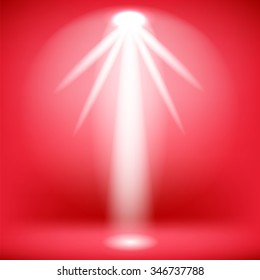 Vector Concert Lighting. Stage Spotlights Background. Lantern Illuminates Red Background. Glowing Spotlight Pattern