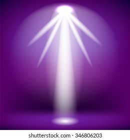 Vector Concert Lighting. Stage Spotlights Background. Lantern Illuminates Purple Background. Glowing Spotlight Pattern